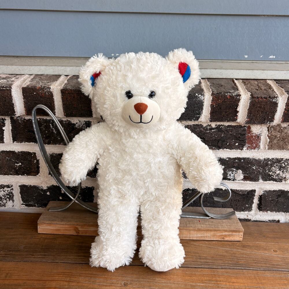Build A Bear White Cream Teddy Bear Red Blue Ears Curly Fur BABW Plush